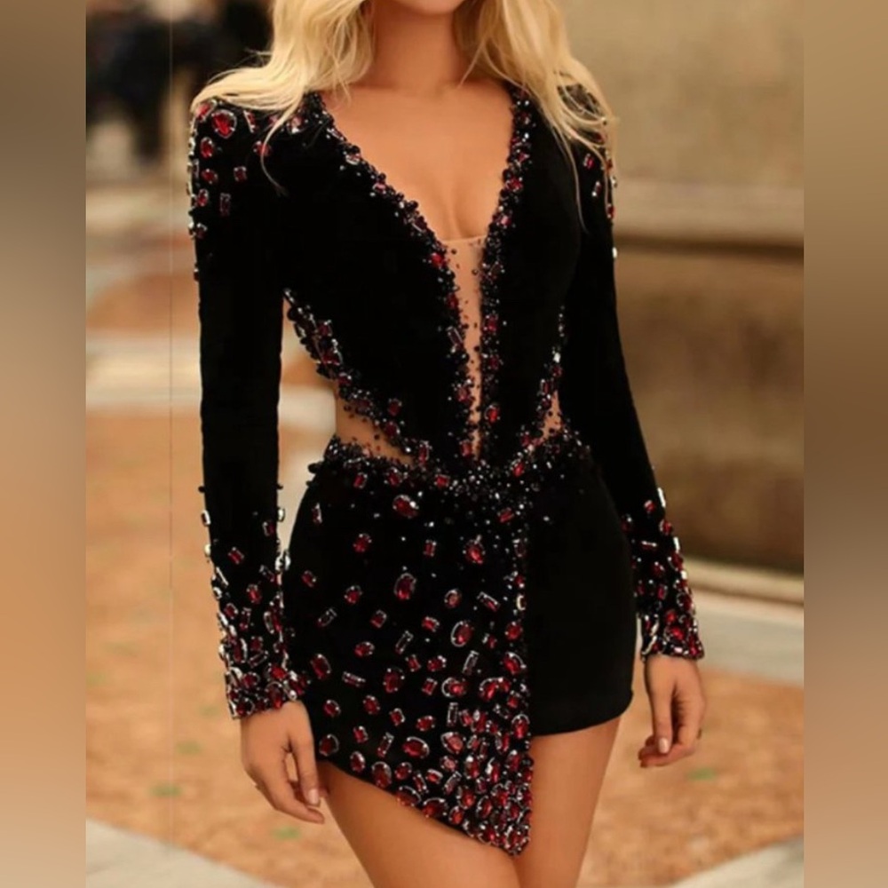 Black bandage dress with red crystals